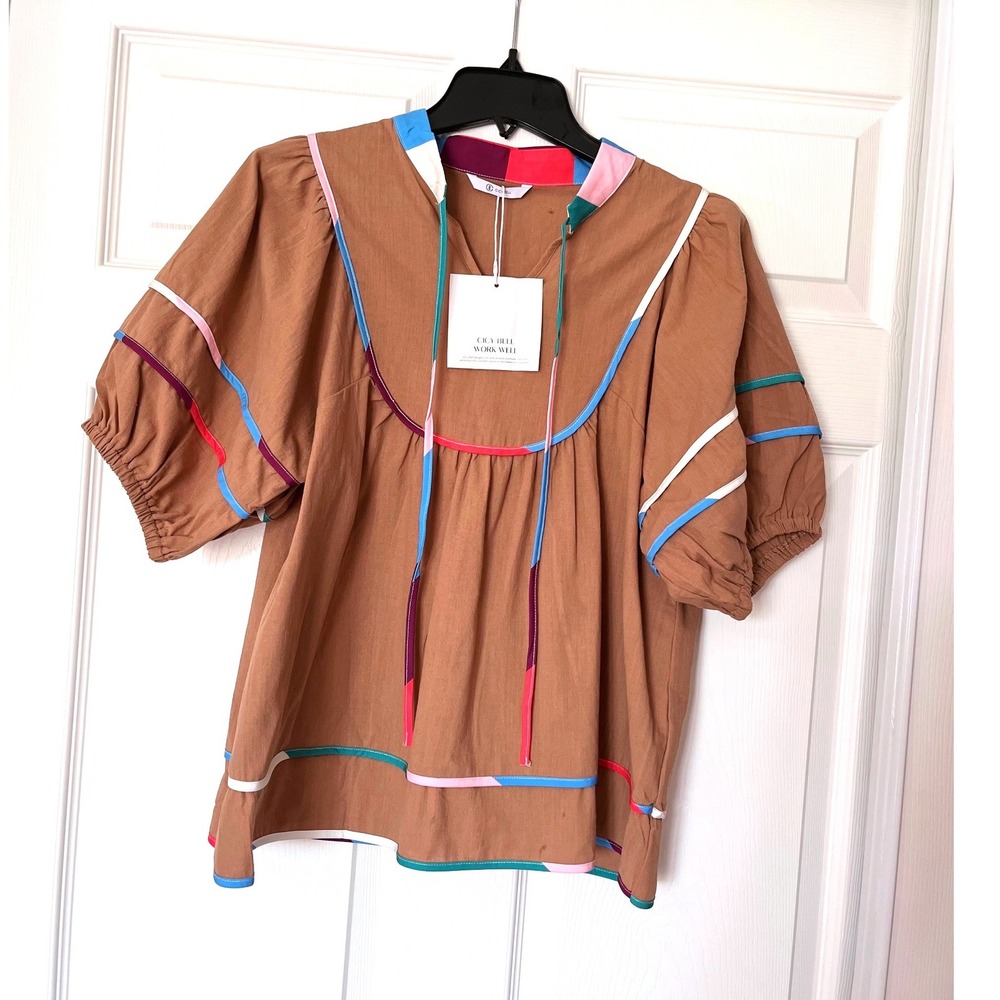 Cicy Bell Brown Cotton Puff Sleeve Blouse Multi Color Ribbon Trim M1T417 Medium